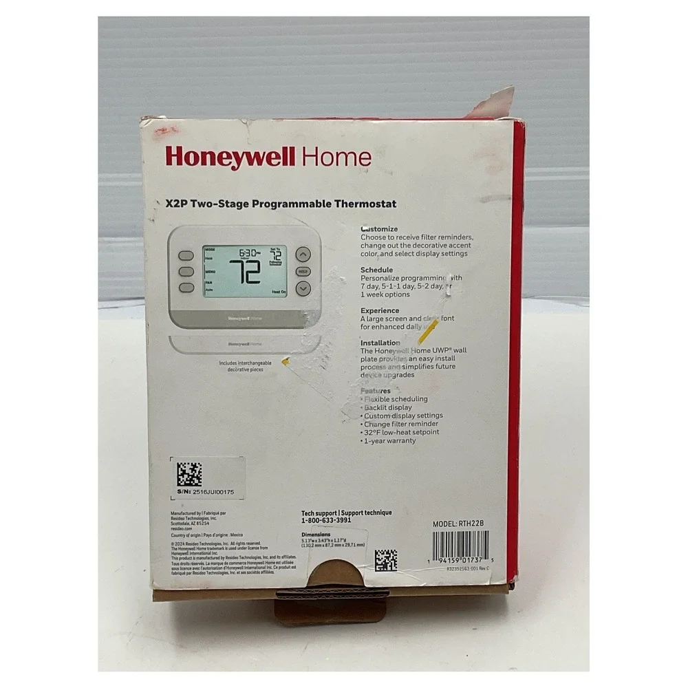 Honeywell Home X2P 2-Stage‎ Programmable Thermostat RTH22B White New